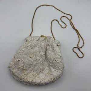 Vintage Beaded White Lace Snap Evening Bag Gold Chain Strap Formal Occasion